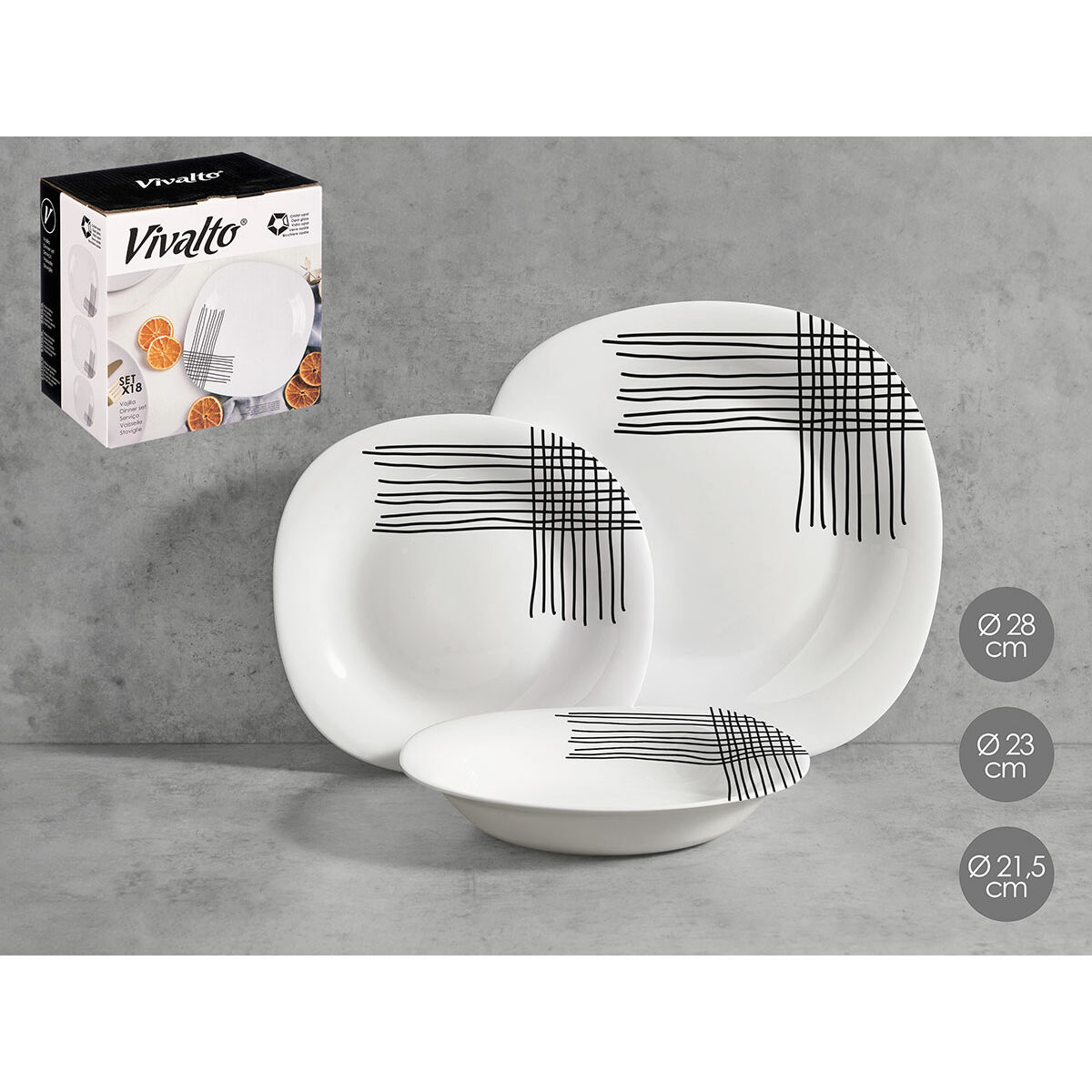 Tableware Vivalto White Black Opaline glass Stripes 18 Pieces (2 Units)
