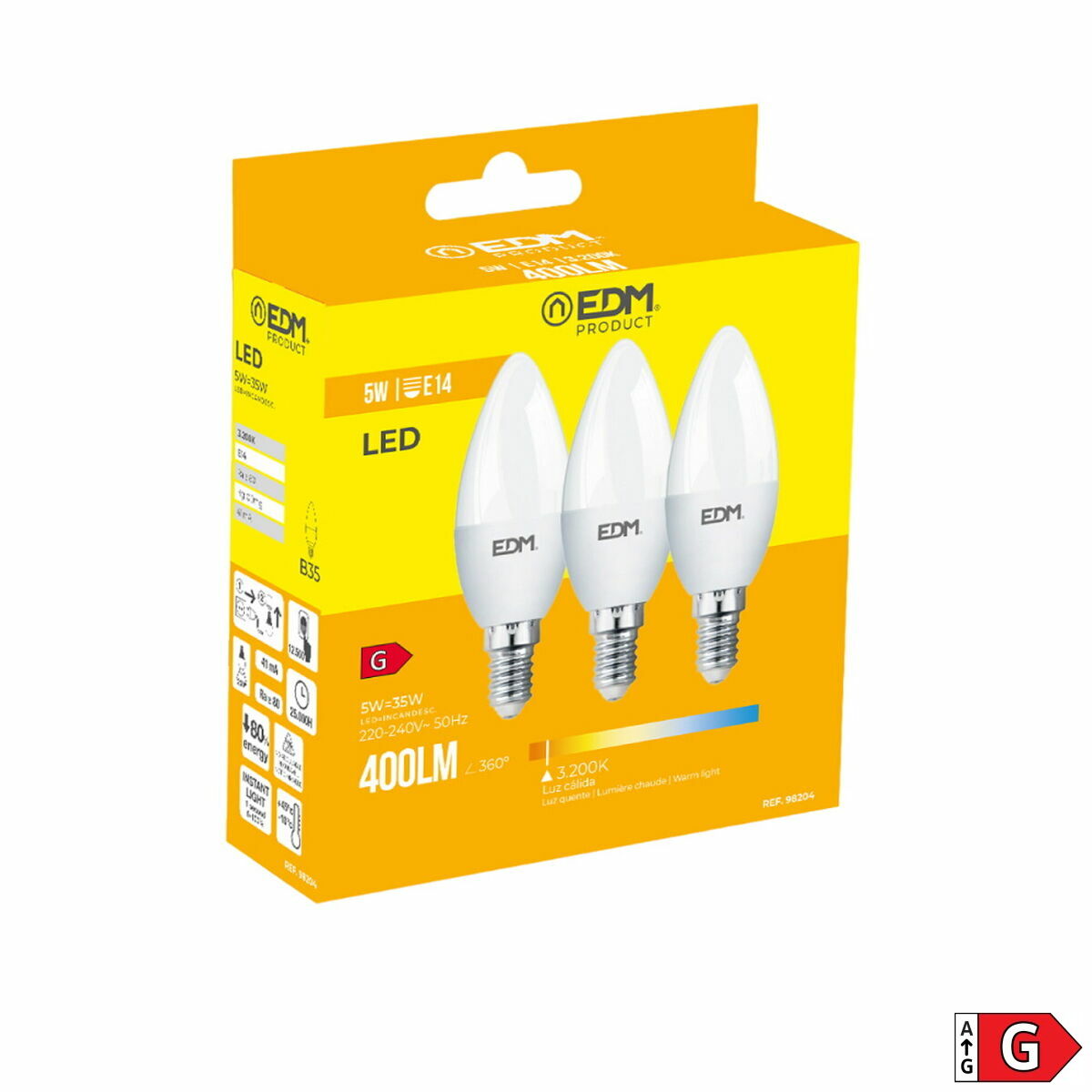 Pack of 3 LED bulbs EDM 98204 G 35 W 5 W 50 W E14 400 lm Ã 3,6 x 10 cm (3200 K)