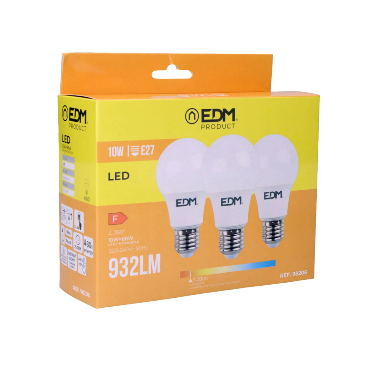 Pack of 3 LED bulbs EDM 98206 F 60 W 10 W 68 W E27 810 Lm 932 Lm Ã 6 x 10,8 cm (3200 K)