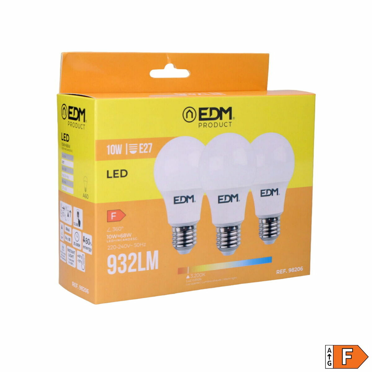 Pack of 3 LED bulbs EDM 98206 F 60 W 10 W 68 W E27 810 Lm 932 Lm Ã 6 x 10,8 cm (3200 K)