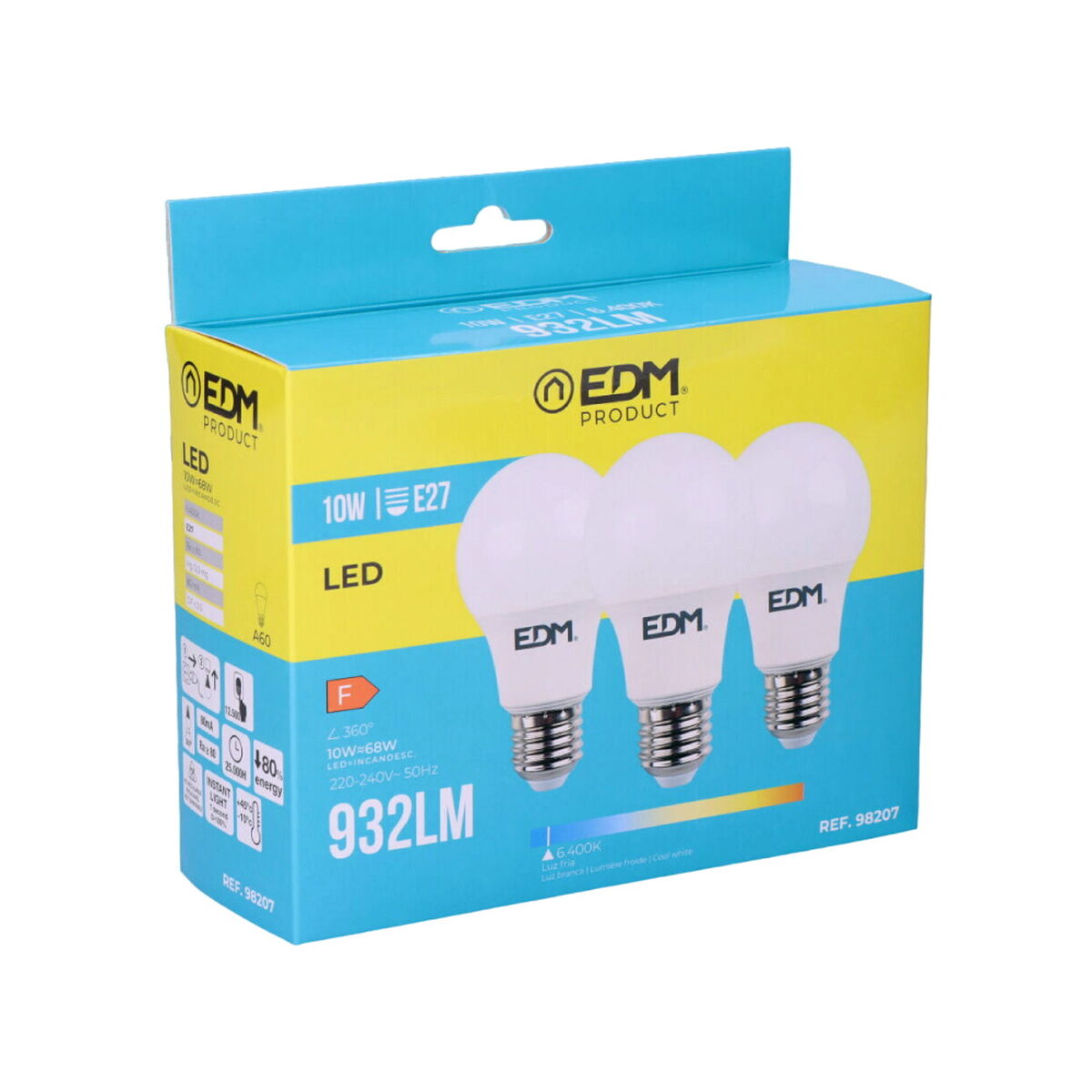 Pack of 3 LED bulbs EDM 98207 F 60 W 10 W 68 W E27 810 Lm 932 Lm Ã 6 x 10,8 cm (6400 K)