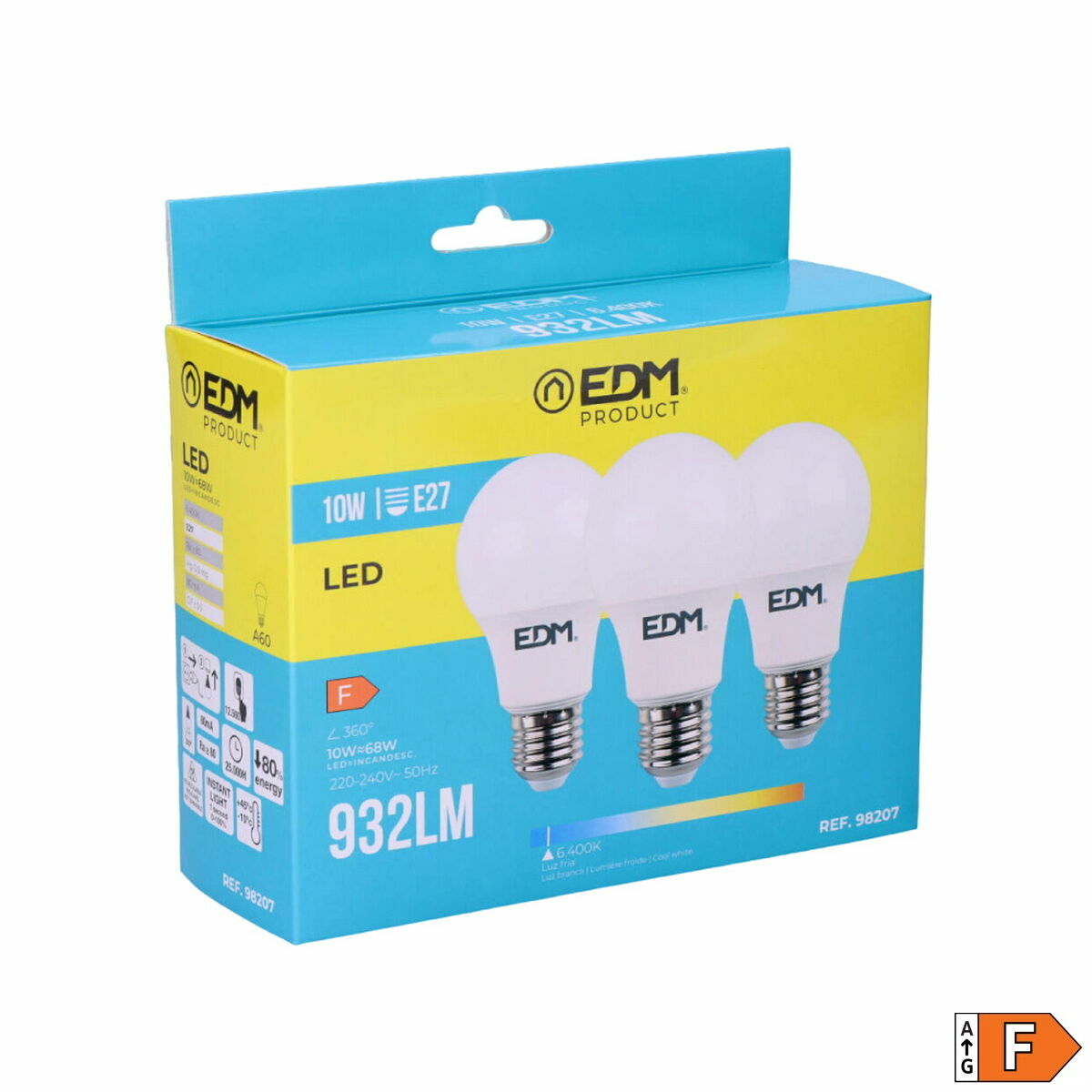 Pack of 3 LED bulbs EDM 98207 F 60 W 10 W 68 W E27 810 Lm 932 Lm Ã 6 x 10,8 cm (6400 K)