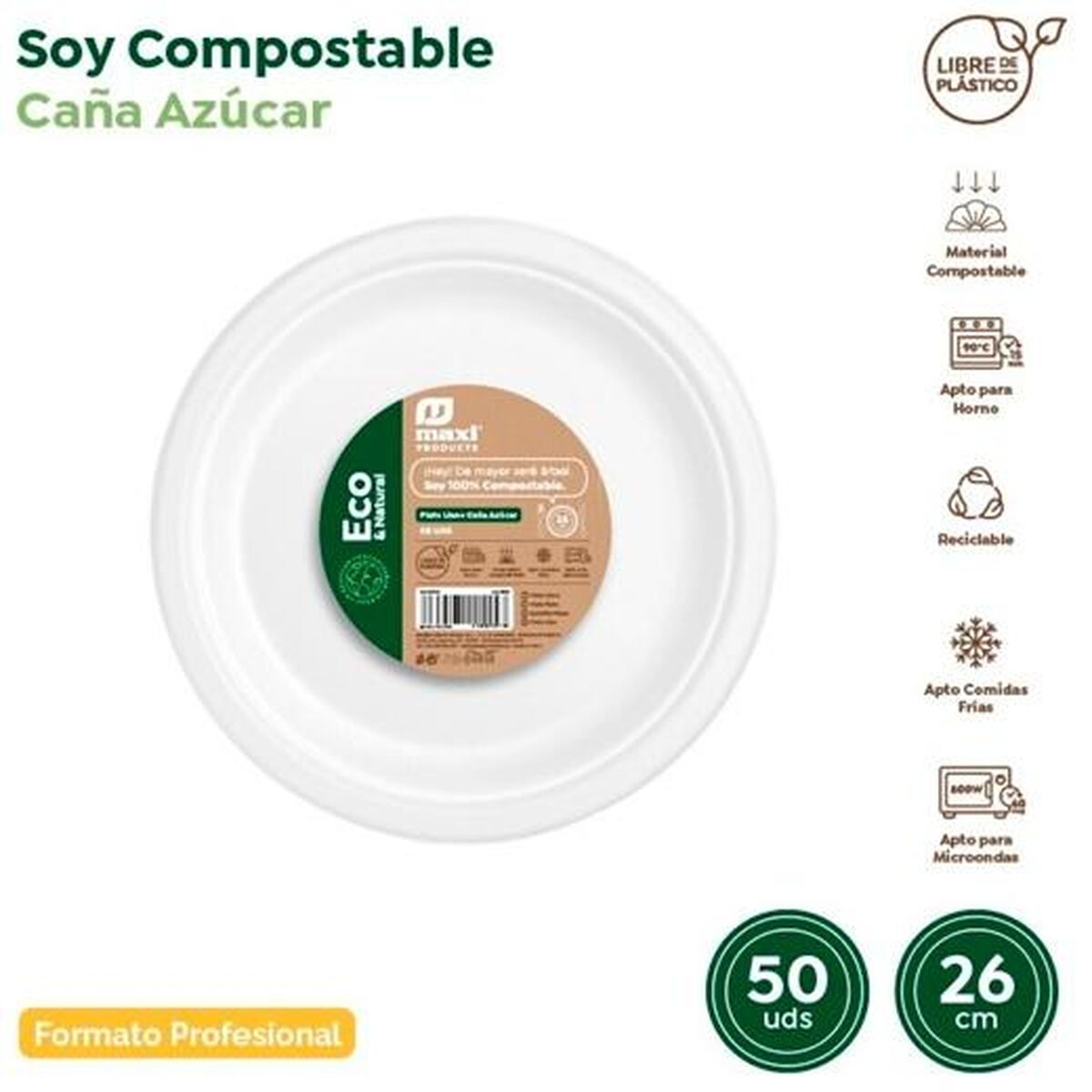 Set of reusable plates Maxi Products White Sugar Cane  26 cm 50 Pieces (10 Units)