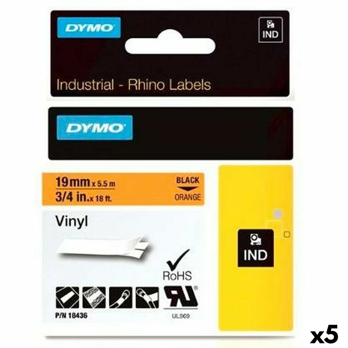 Laminated Tape for Labelling Machines Rhino Dymo ID1-19 Black Orange 19 x 5,5 mm Self-adhesives Stick (5 Units) Laminated Tape for Labelling Machines Rhino Dymo ID1-19 Black Orange 19 x 5,5 mm Self-adhesives Stick (5 Units)