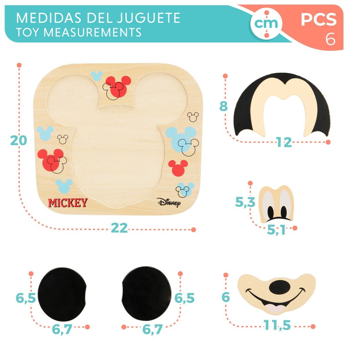 Child’s Wooden Puzzle Disney Mickey Mouse + 12 Months 6 Pieces (12 Units)