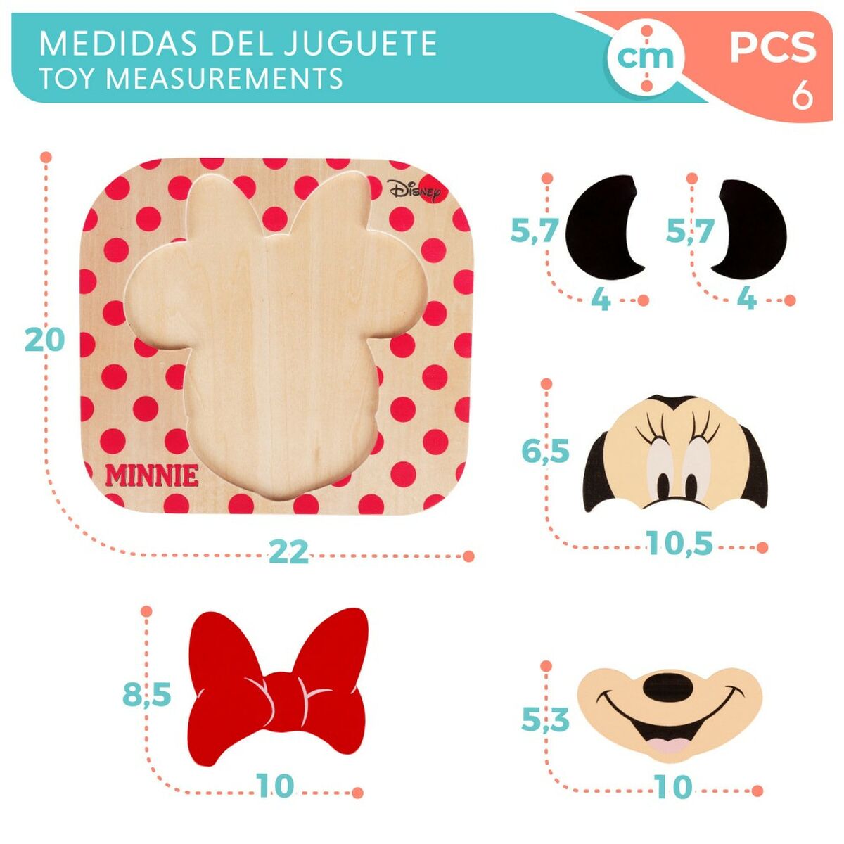 Child’s Wooden Puzzle Disney Minnie Mouse + 12 Months 6 Pieces (12 Units)