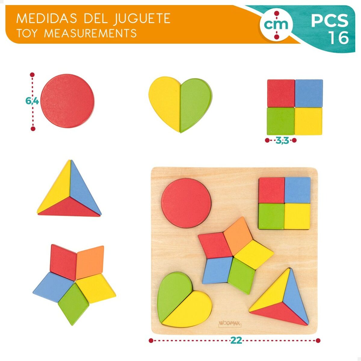 Child’s Wooden Puzzle Woomax Shapes + 12 Months 16 Pieces (6 Units)