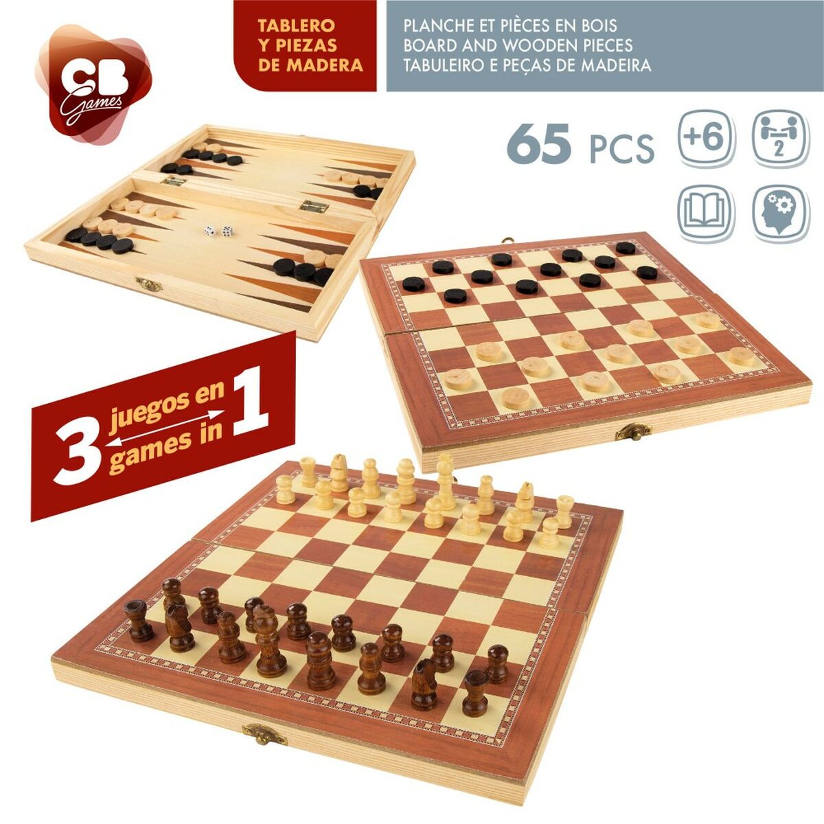 Chess and Checkers Board CB Games Wood Backgammon (6 Units)