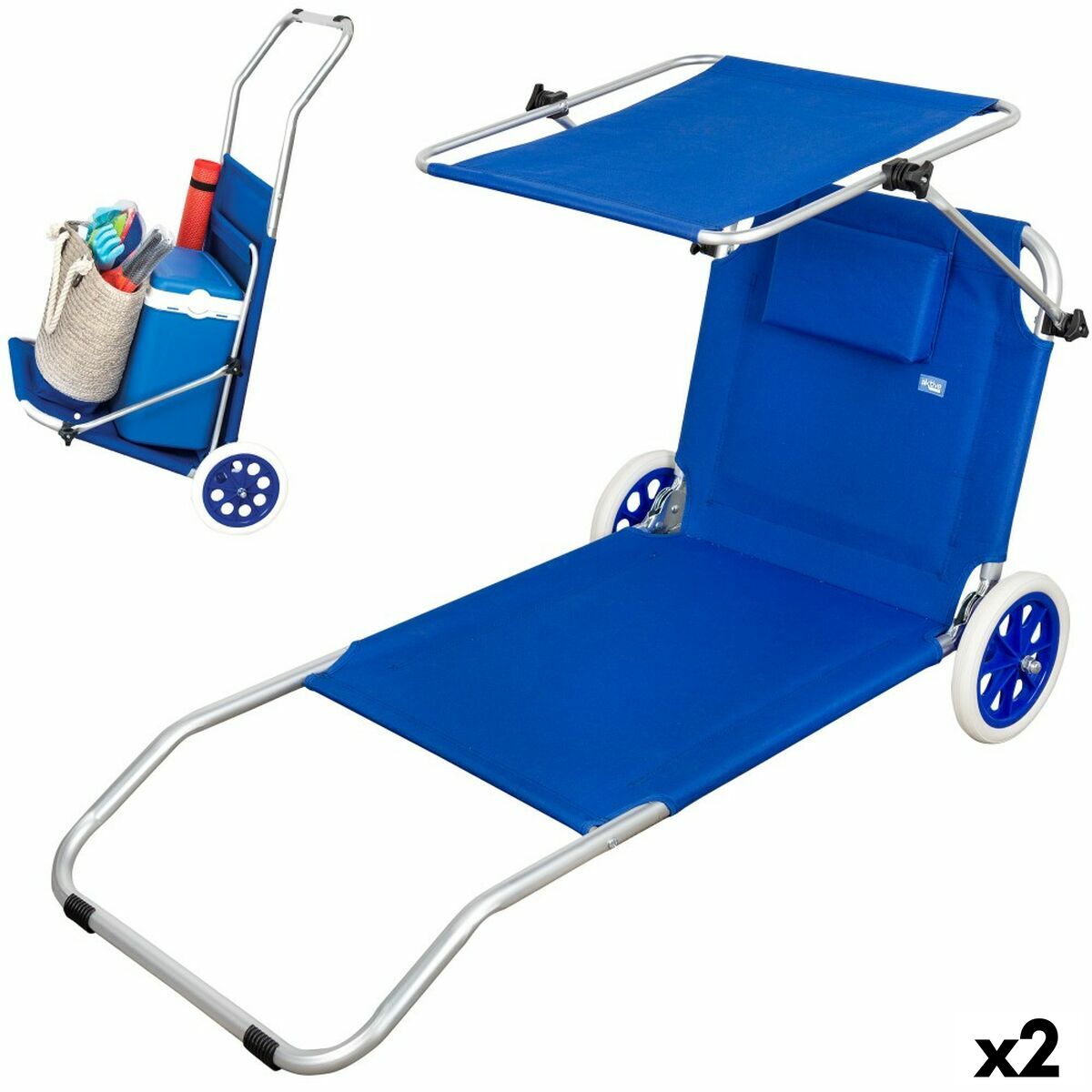 Folding Lounger Camping Chair Aktive Blue 62 x 62 x 117 cm Folding cart Awning (2 Units) Folding Lounger Camping Chair Aktive Blue 62 x 62 x 117 cm Folding cart Awning (2 Units)