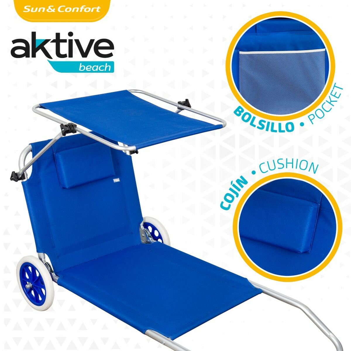 Folding Lounger Camping Chair Aktive Blue 62 x 62 x 117 cm Folding cart Awning (2 Units)