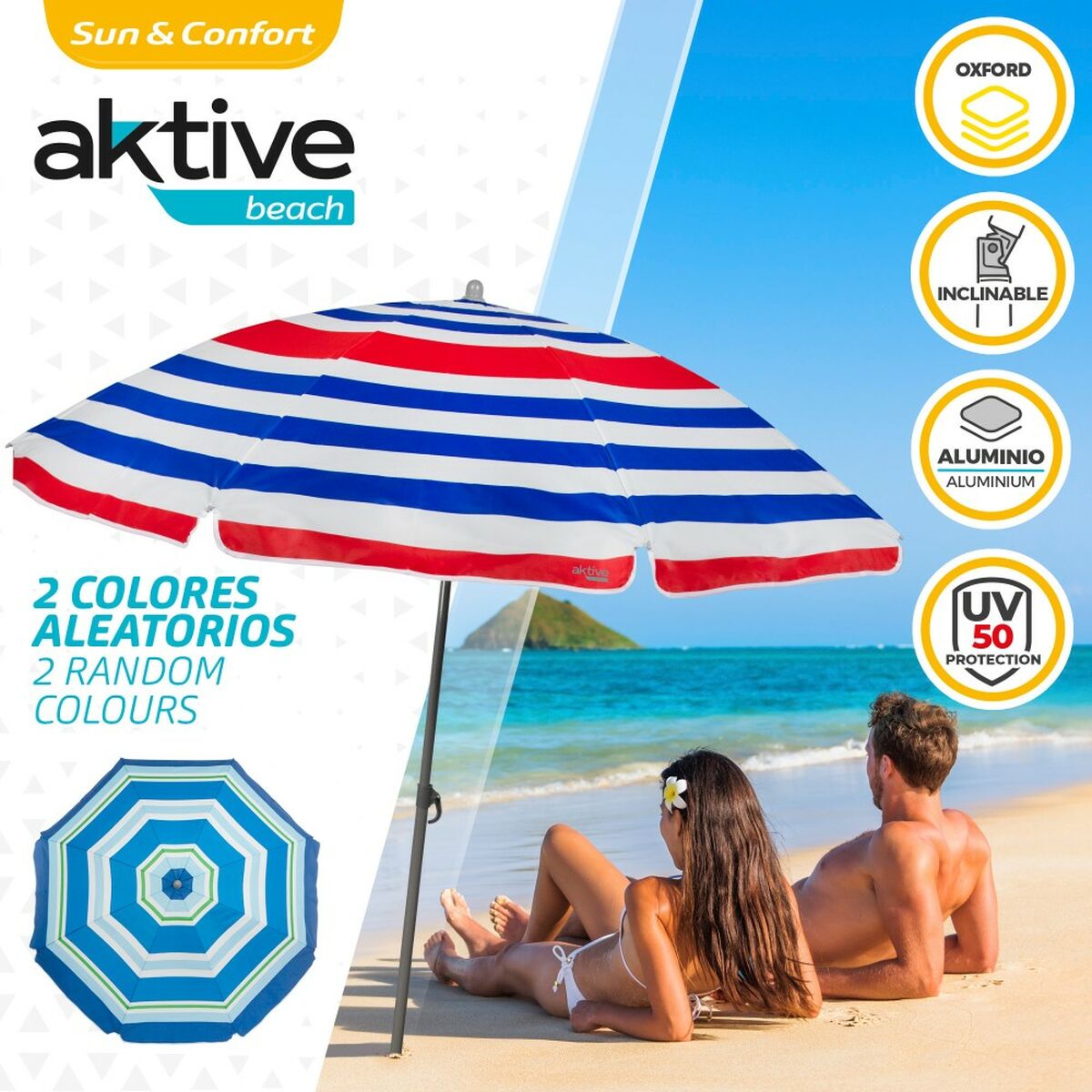 Beach parasol Aktive Blue Red Multicolour Silver  160 cm 160 x 167 x 160 cm (12 Units)