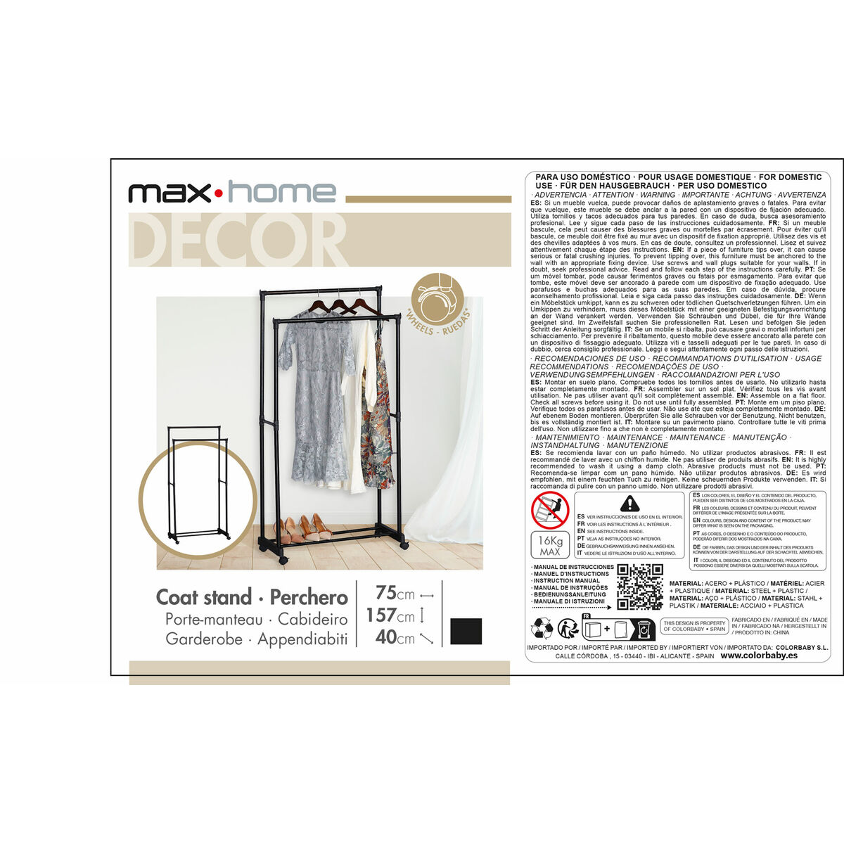Coat rack Max Home Steel Plastic 75 x 157 x 40 cm (4 Units)