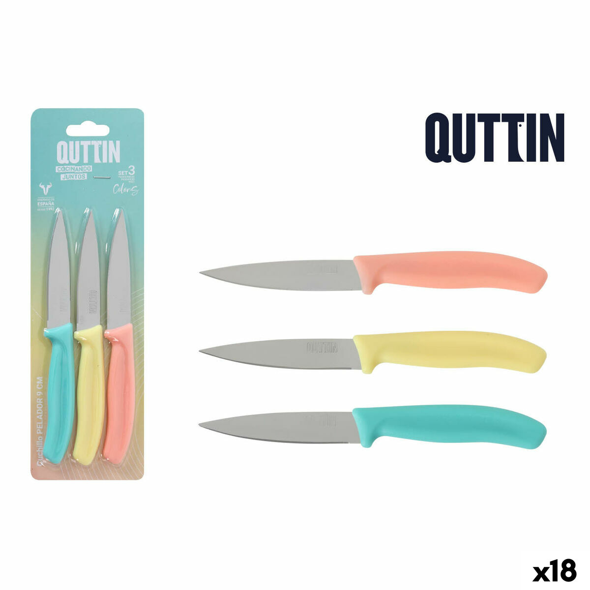 Peeler Knife Set Quttin Basic Multicolour Stainless steel 9 cm 3 Pieces (18 Units)
