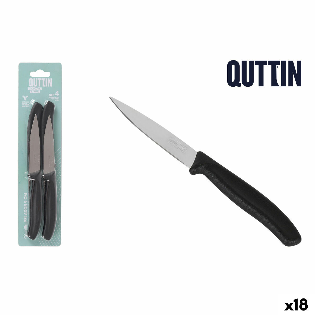 Peeler Knife Set Quttin Basic Black Silver Stainless steel 9 cm 4 Pieces (18 Units)
