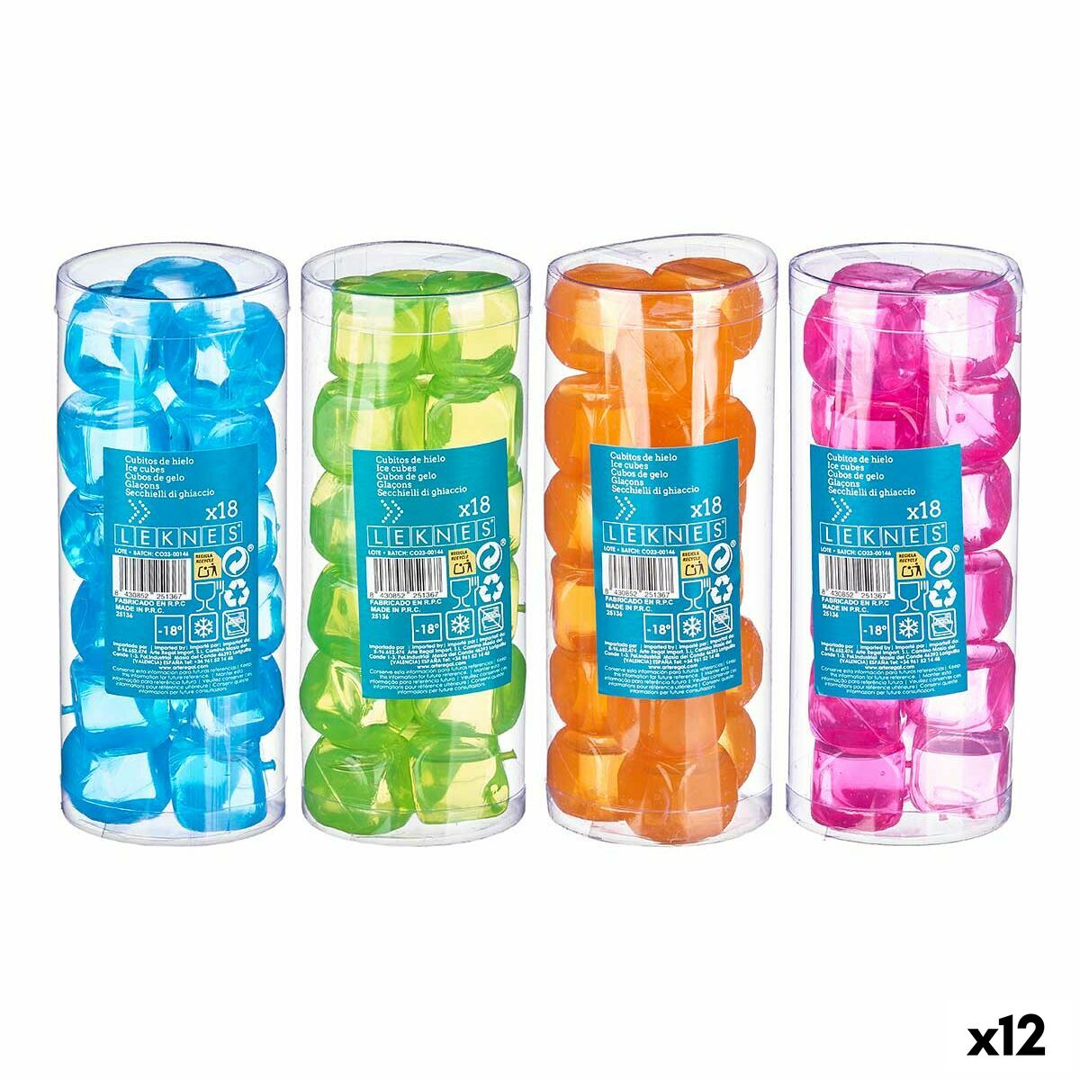 Reusable cooling cubes Leknes TK22008 Blue Green Orange Pink Polyethylene Distilled water 6,5 x 16 x 6,5 cm 18 Pieces (12 Units)