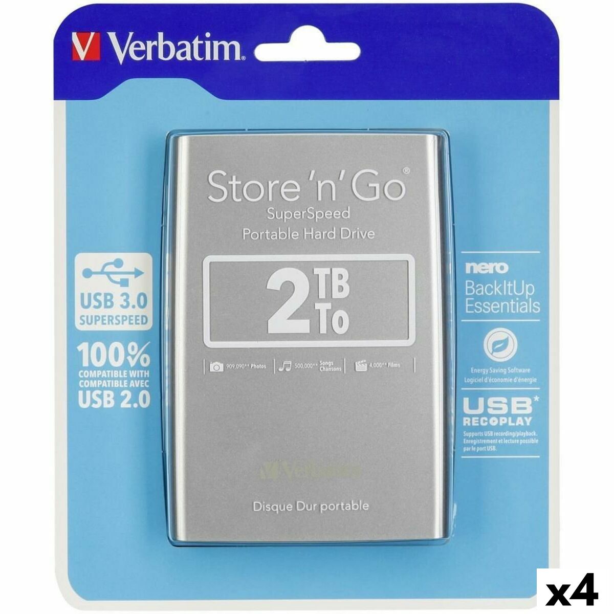 External Hard Drive Verbatim STORE ‘N’ GO Black Silver HDD 2 TB (4 Units)