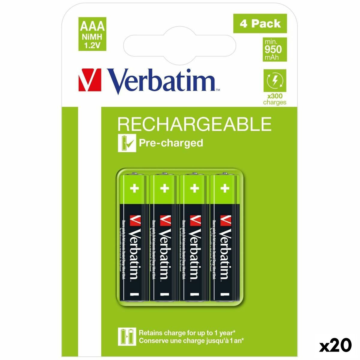 Rechargeable Batteries Verbatim 1,2 V AAA LR03 4 Pieces (20 Units) Rechargeable Batteries Verbatim 1,2 V AAA LR03 4 Pieces (20 Units)