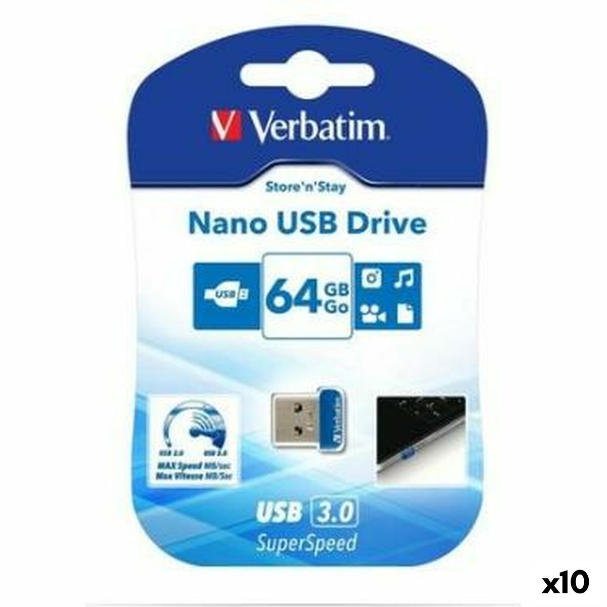 USB stick Verbatim NANO STORE’N’STAY Blue Black 64 GB (10 Units)