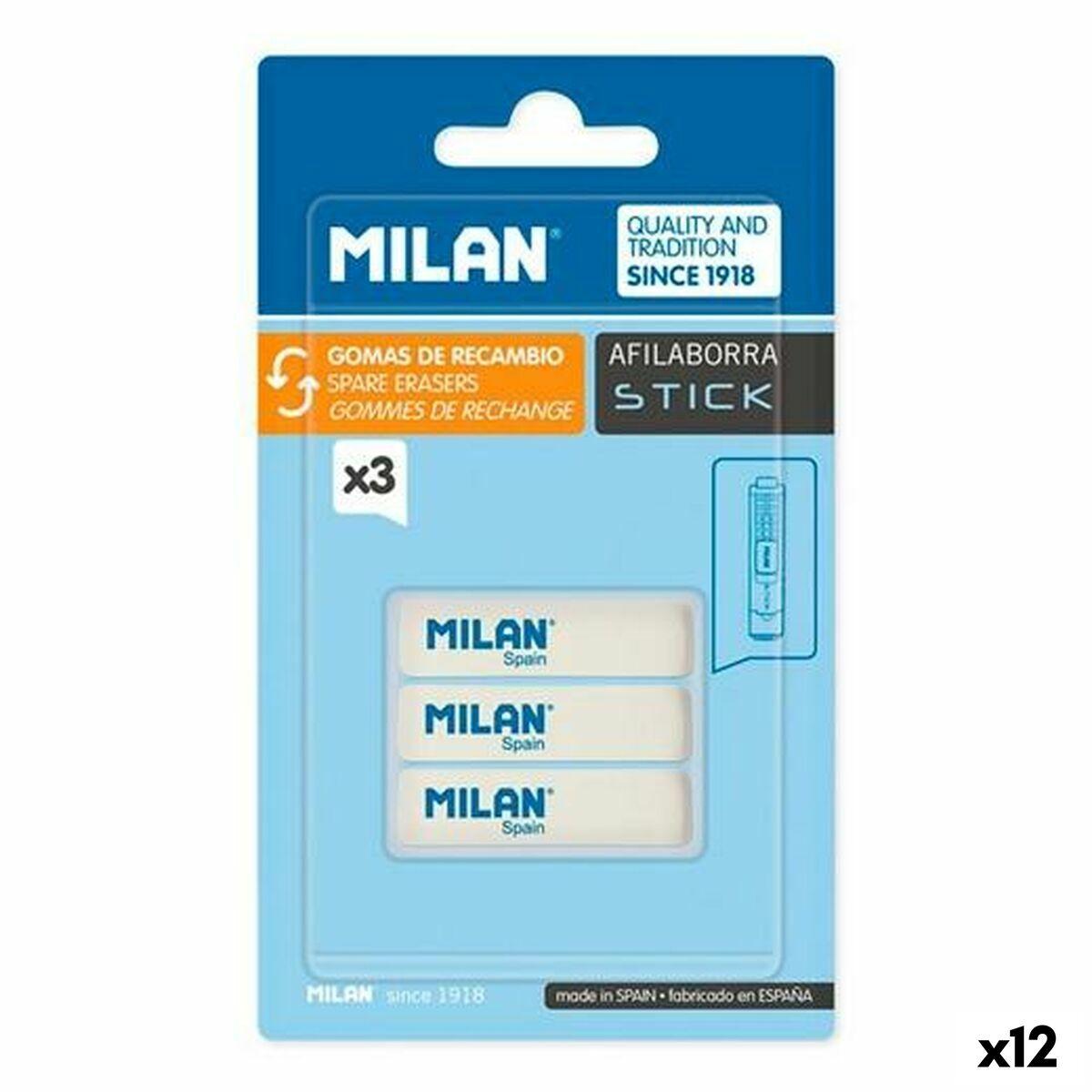 Eraser Set Milan AFILABORRA STICK White 3 Pieces (12 Units) Eraser Set Milan AFILABORRA STICK White 3 Pieces (12 Units)
