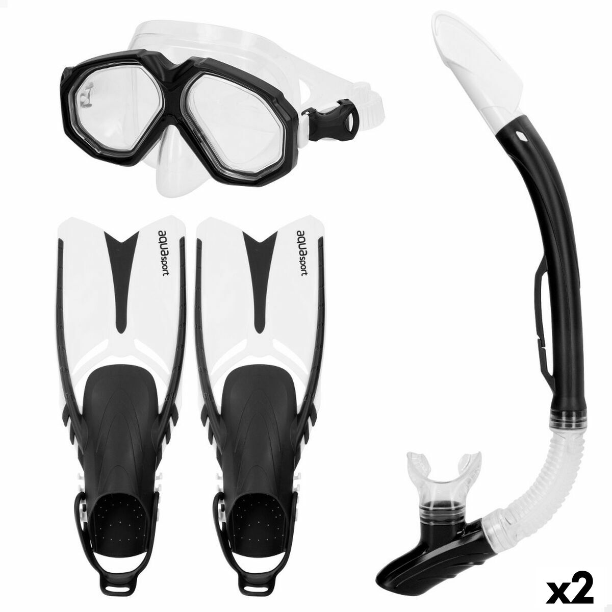 Diving Goggles with Snorkle and Fins AquaSport Black Adults (2 Units) Diving Goggles with Snorkle and Fins AquaSport Black Adults (2 Units)