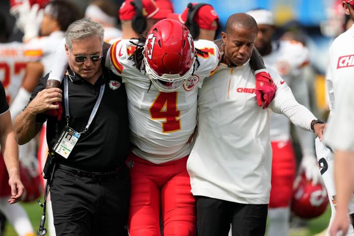 Chiefs WR Rashee Rice carted off with knee injury vs. Chargers after colliding with Patrick Mahomes Chiefs WR Rashee Rice carted off with knee injury vs. Chargers after colliding with Patrick Mahomes