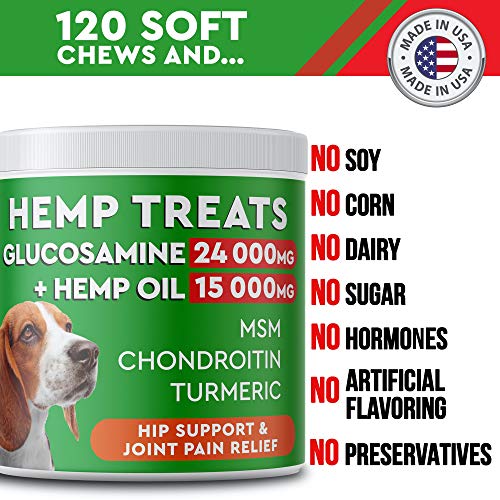 PawfectChew Hemp + Glucosamine Treats for Dogs – Made in USA Hip & Joint Supplement w/Hemp Oil Chondroitin MSM Turmeric…