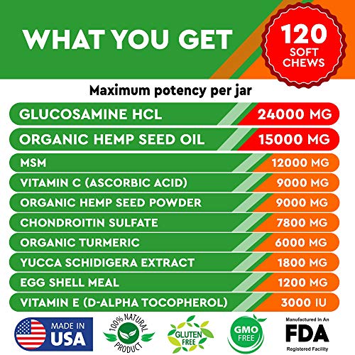PawfectChew Hemp + Glucosamine Treats for Dogs – Made in USA Hip & Joint Supplement w/Hemp Oil Chondroitin MSM Turmeric…
