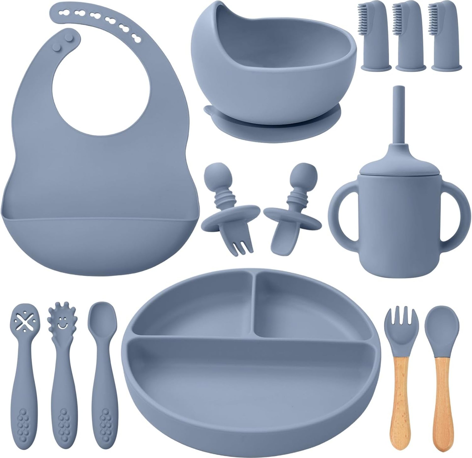Silicone Child Feeding Set 14 Pcs,Child Led Weaning Provides, Child Spoons Suction Bowl Divided Plate Bib Cup Finger Brush,First Stage Stable Meals Consuming Utensils – 6+ Months(Blue Grey) Silicone Child Feeding Set 14 Pcs,Child Led Weaning Provides, Child Spoons Suction Bowl Divided Plate Bib Cup Finger Brush,First Stage Stable Meals Consuming Utensils – 6+ Months(Blue Grey)