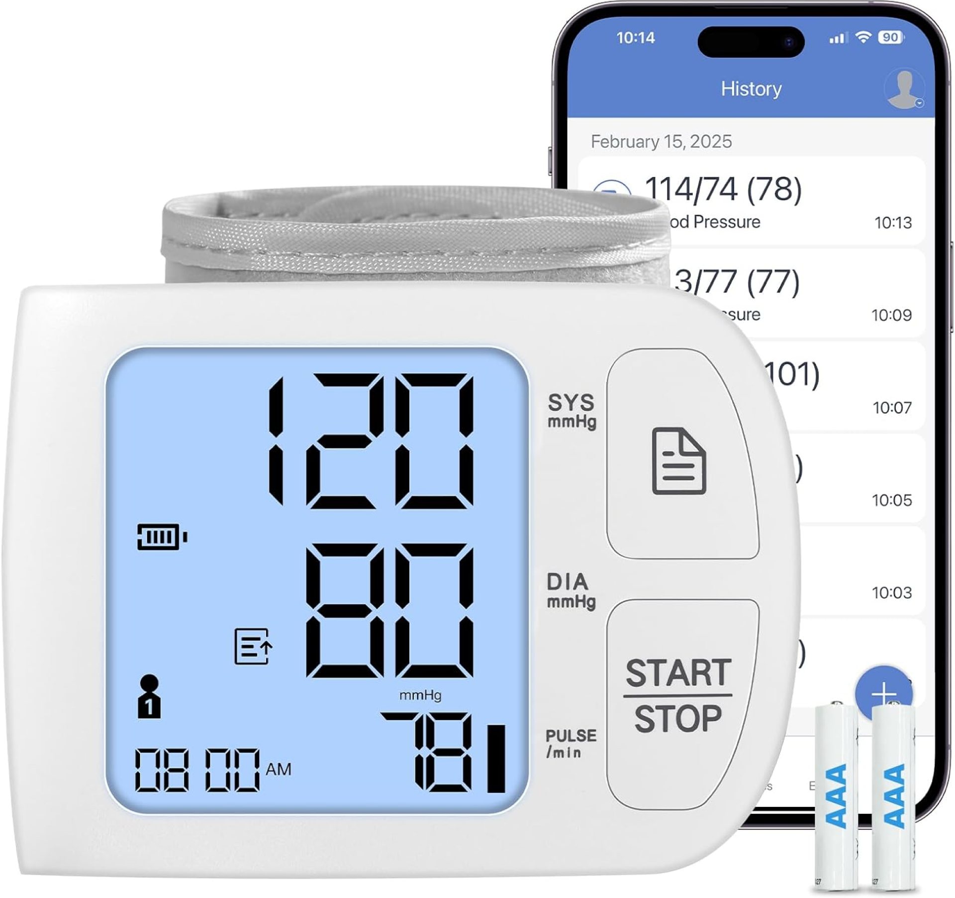 Blood Stress Monitor with Bluetooth Suitable for iOS & Android BP Machine with 199×2 Readings Digital Sphygmomanometer Adjustable Wrist Cuff 5.31-8.46 inch with Voice Broadcast Batteries Included Blood Stress Monitor with Bluetooth Suitable for iOS & Android BP Machine with 199×2 Readings Digital Sphygmomanometer Adjustable Wrist Cuff 5.31-8.46 inch with Voice Broadcast Batteries Included
