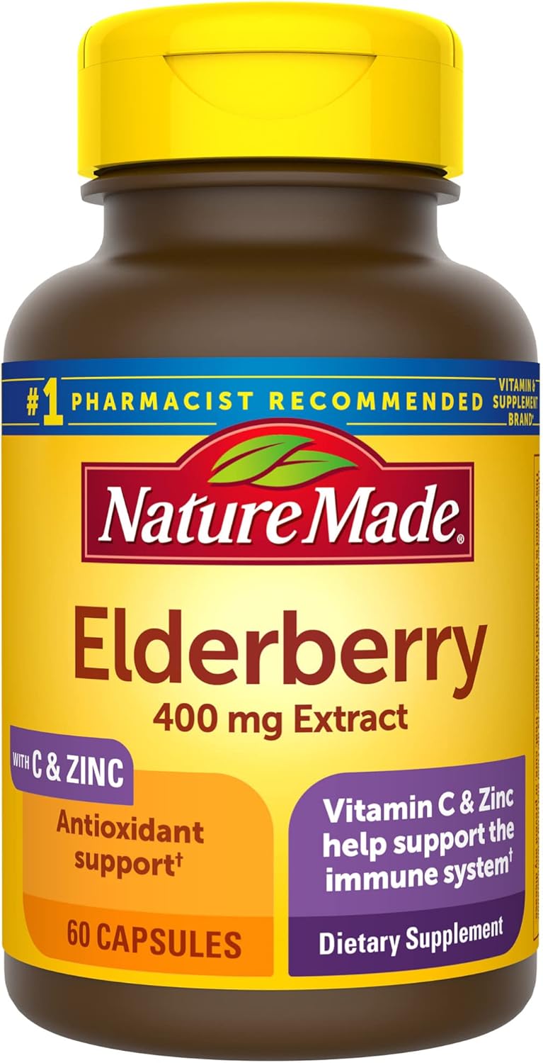 Nature Made Elderberry 400 mg Extract with Vitamin C and Zinc, Dietary Complement for Immune Help, 60 Capsules, 60 Day Provide Nature Made Elderberry 400 mg Extract with Vitamin C and Zinc, Dietary Complement for Immune Help, 60 Capsules, 60 Day Provide