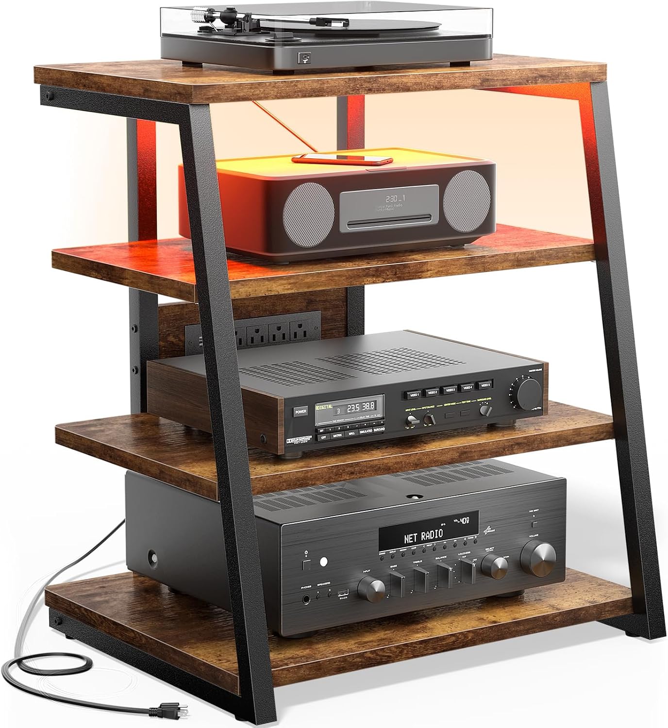AV Media Stand with Shops, Media Console with LED Lights, Stereo Racks and Stands with Storage Cabinets, Media Audio Tower Cupboard, Rustic Brown AV Media Stand with Shops, Media Console with LED Lights, Stereo Racks and Stands with Storage Cabinets, Media Audio Tower Cupboard, Rustic Brown