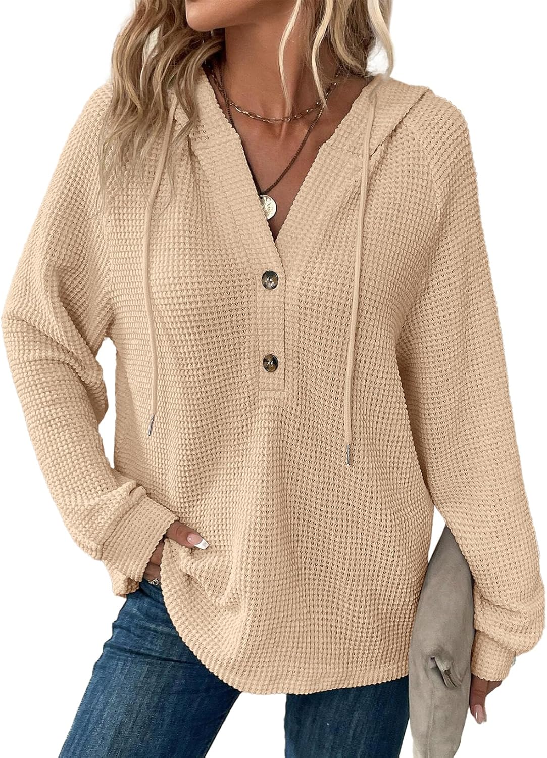 Dokotoo Hoodies for Ladies Waffle Knit Lengthy Sleeve Drawstring Button V Neck Informal Pullover Sweatshirt Hooded Tops Dokotoo Hoodies for Ladies Waffle Knit Lengthy Sleeve Drawstring Button V Neck Informal Pullover Sweatshirt Hooded Tops