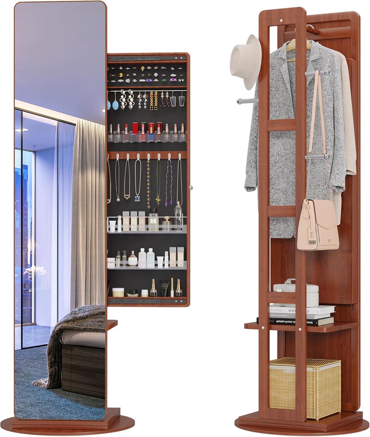 LVSOMT 360° Swivel Jewellery Armoire, Rotatable Full Size Mirror with Jewellery Storage, Standing Jewellery Cupboard with Coat Rack, Walnut, Soild Wooden LVSOMT 360° Swivel Jewellery Armoire, Rotatable Full Size Mirror with Jewellery Storage, Standing Jewellery Cupboard with Coat Rack, Walnut, Soild Wooden