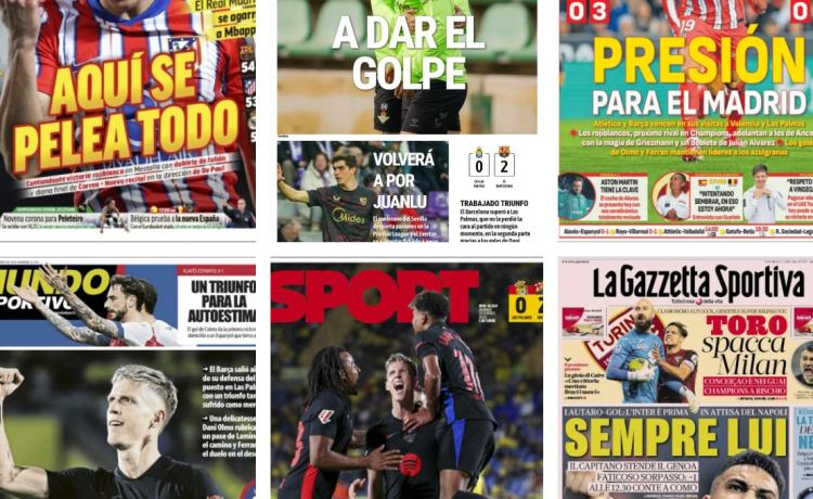La contundente victoria del Atlético en Mestalla, Olmo al rescate del Barça, el Betis preparado para asaltar puestos europeos… así vienen las portadas de hoy La contundente victoria del Atlético en Mestalla, Olmo al rescate del Barça, el Betis preparado para asaltar puestos europeos… así vienen las portadas de hoy