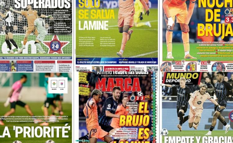 Lamine Yamal rescata al Barça, ‘La Priorité’ en el Betis, el banquillo del Sevilla vibra, tropiezo europeo del Athletic… Así vienen las portadas del jueves 6 de noviembre Lamine Yamal rescata al Barça, ‘La Priorité’ en el Betis, el banquillo del Sevilla vibra, tropiezo europeo del Athletic… Así vienen las portadas del jueves 6 de noviembre