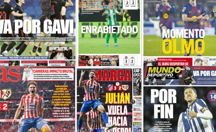 El empate del Betis, Julián Álvarez rescata al Atleti, mazazo para Gavi y Oyarzabal da aire a la Real… Así vienen las portadas El empate del Betis, Julián Álvarez rescata al Atleti, mazazo para Gavi y Oyarzabal da aire a la Real… Así vienen las portadas