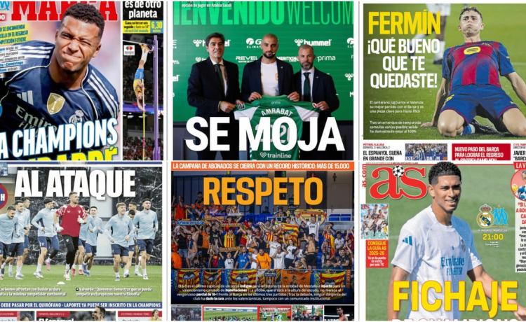 El regreso de la Champions, el ‘derbi’ por Amrabat, indignación en Valencia… así vienen las portadas El regreso de la Champions, el ‘derbi’ por Amrabat, indignación en Valencia… así vienen las portadas