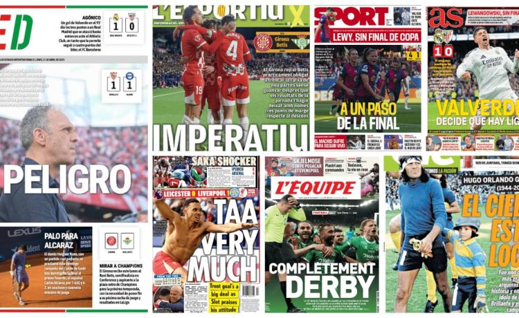 Peligro Caparrós, Valverde, Lewandowski, Betis – Girona, Alcaraz, Hugo Gatti… las portadas del lunes 21 de abril Peligro Caparrós, Valverde, Lewandowski, Betis – Girona, Alcaraz, Hugo Gatti… las portadas del lunes 21 de abril
