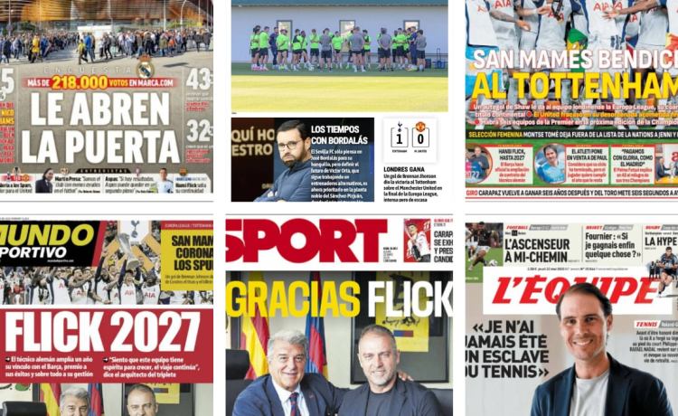 La renovación de Flick, Nico Williams y el Madrid, el Tottenham se corona en la Europa League… así vienen las portadas La renovación de Flick, Nico Williams y el Madrid, el Tottenham se corona en la Europa League… así vienen las portadas