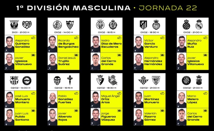Estas son las designaciones arbitrales de la jornada 22 de LaLiga EA Sports Estas son las designaciones arbitrales de la jornada 22 de LaLiga EA Sports