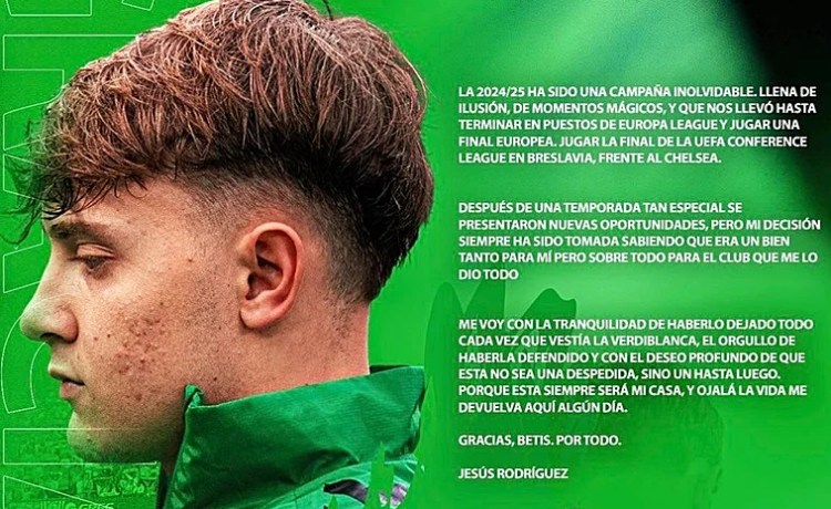 Jesús Rodríguez se despide del Betis: «Esta siempre será mi casa, y ojalá la vida me devuelva aquí algún día» Jesús Rodríguez se despide del Betis: «Esta siempre será mi casa, y ojalá la vida me devuelva aquí algún día»