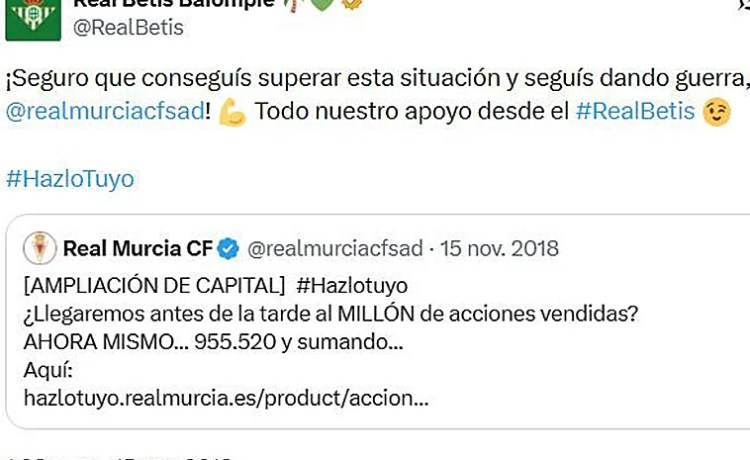 El gesto del Betis en 2018 que no olvida la afición del Murcia El gesto del Betis en 2018 que no olvida la afición del Murcia