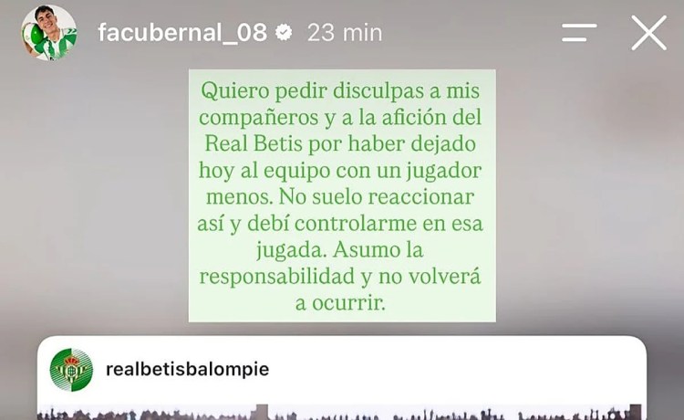 Facundo pide disculpas tras su expulsión en el Betis – Barcelona: «Debí controlarme en esa jugada» Facundo pide disculpas tras su expulsión en el Betis – Barcelona: «Debí controlarme en esa jugada»