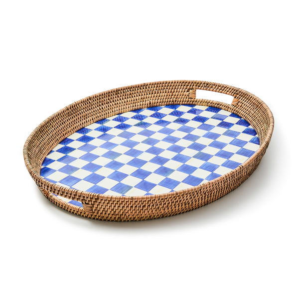 royal check enamel & rattan party tray 258 royal check enamel & rattan party tray 258