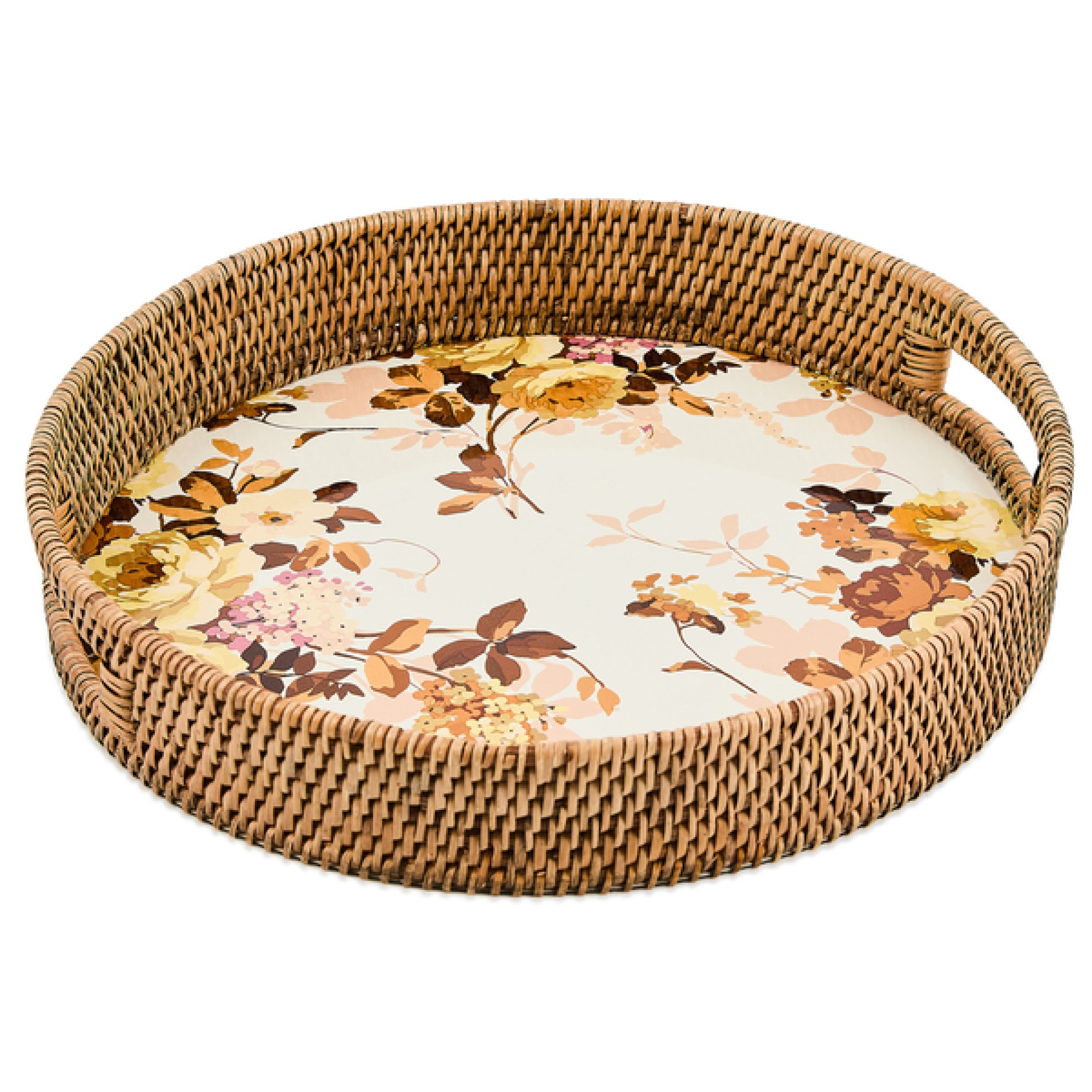 wild rose white enamel & rattan round serving tray 41 wild rose white enamel & rattan round serving tray 41
