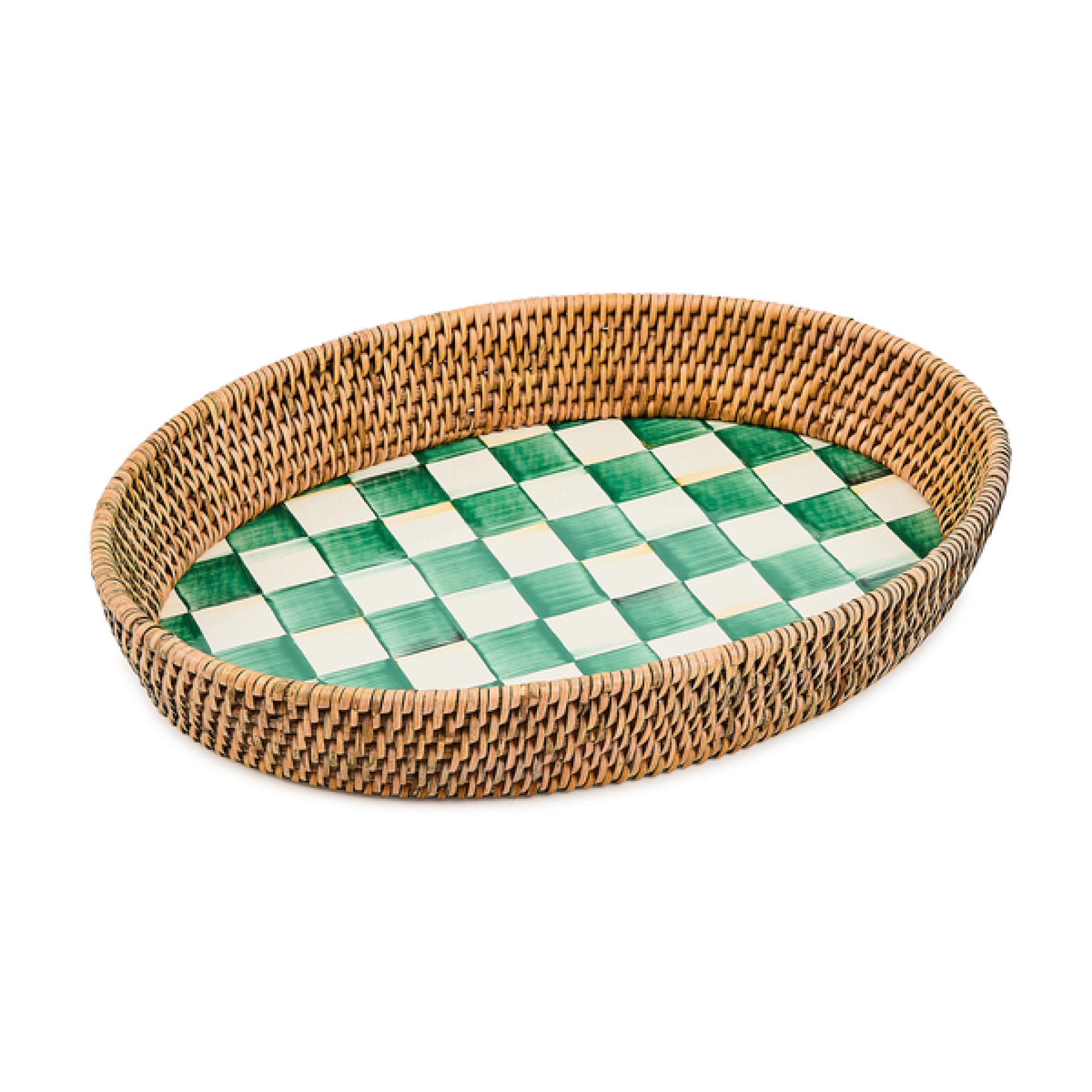 emerald check enamel & rattan large tray 78 emerald check enamel & rattan large tray 78
