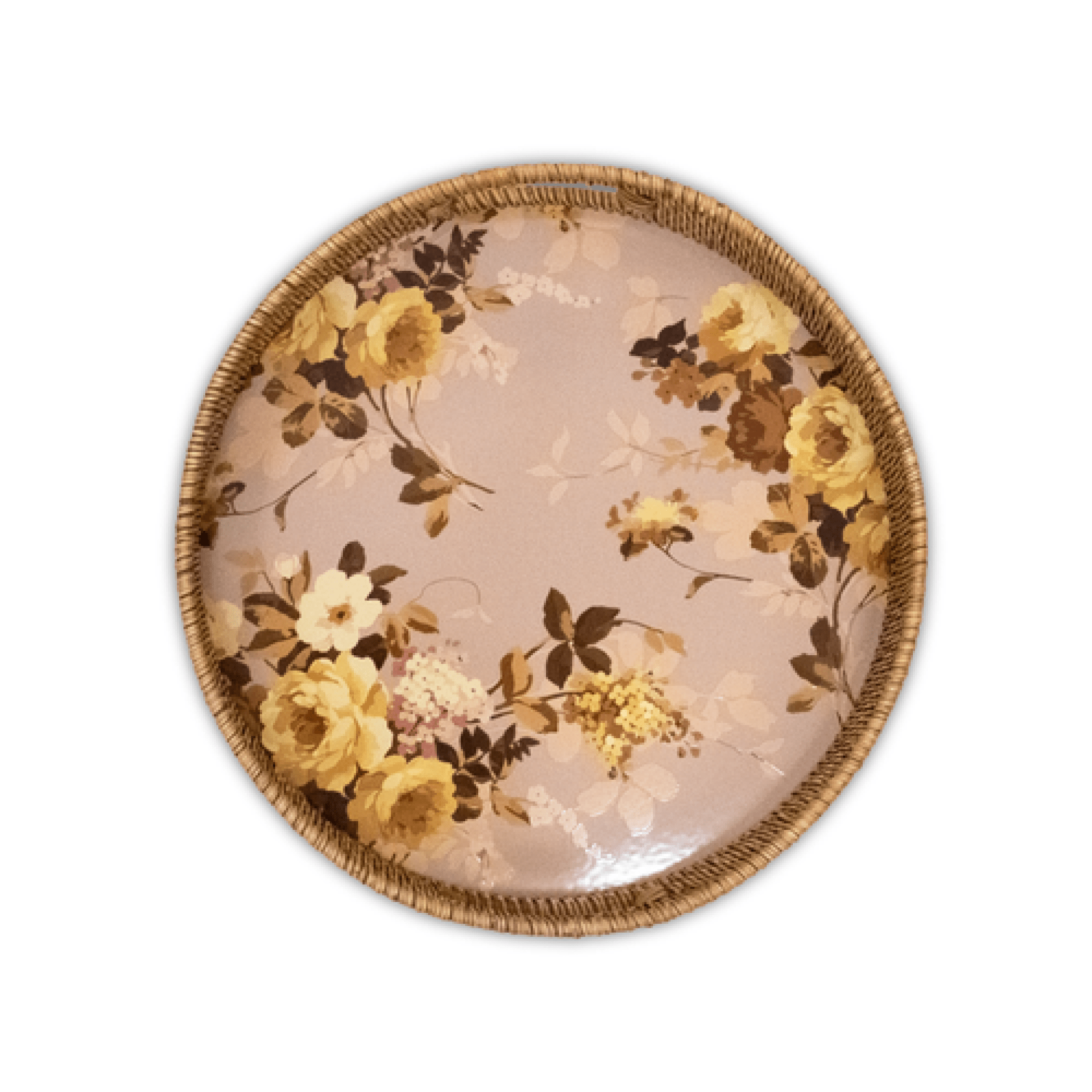 wild rose mauve enamel & rattan round tray 34 wild rose mauve enamel & rattan round tray 34