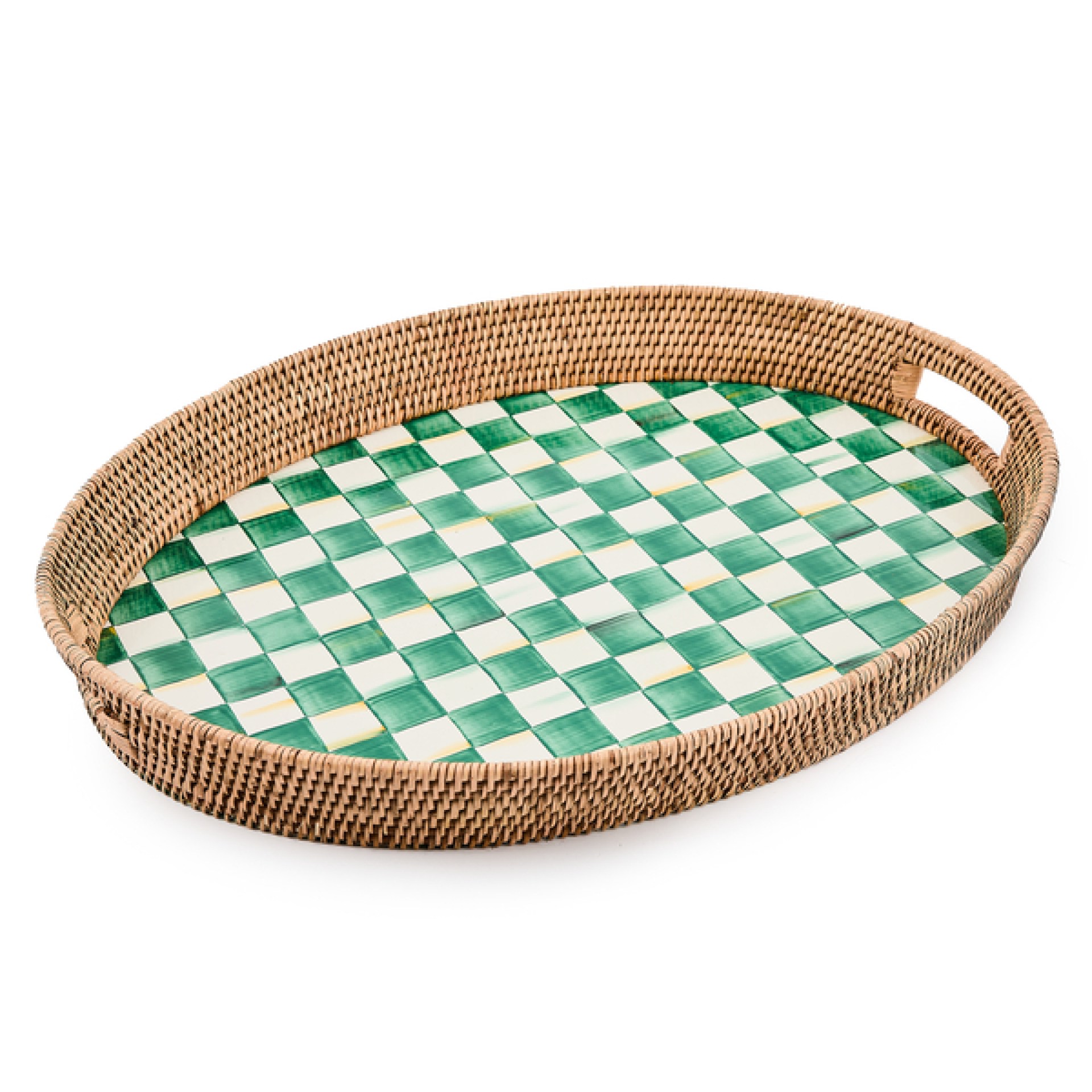 emerald check enamel & rattan party tray 79 emerald check enamel & rattan party tray 79