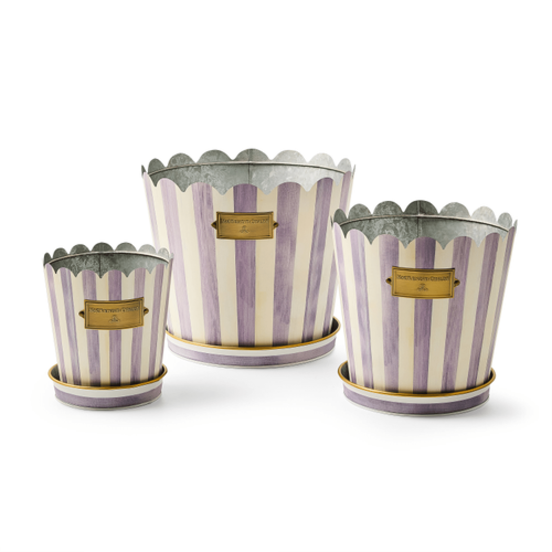 violet stripe pots & saucers, set of 3 32 violet stripe pots & saucers, set of 3 32