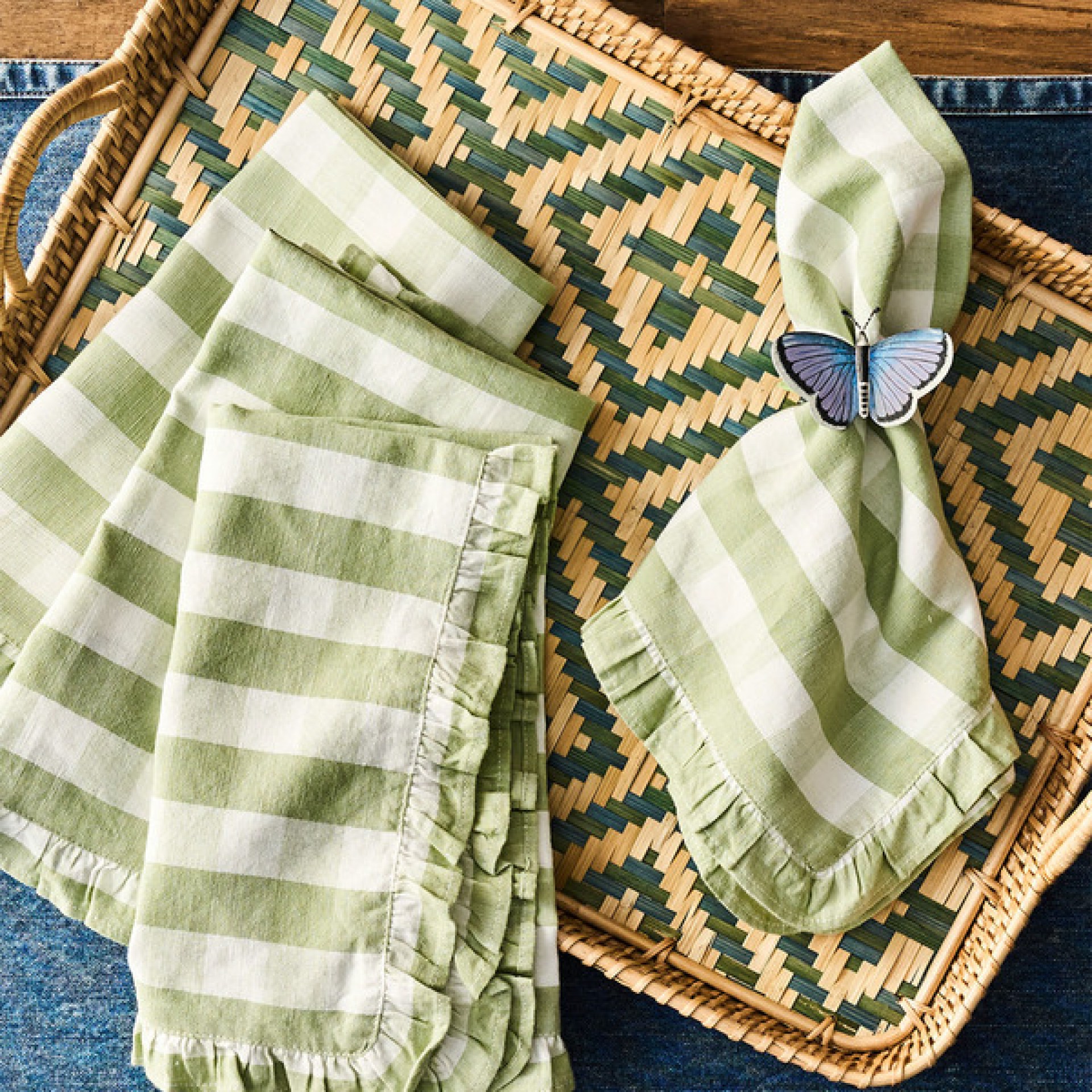 Gingham Ruffle Napkin Set/4 - Seagrass 19 Gingham Ruffle Napkin Set/4 - Seagrass 19